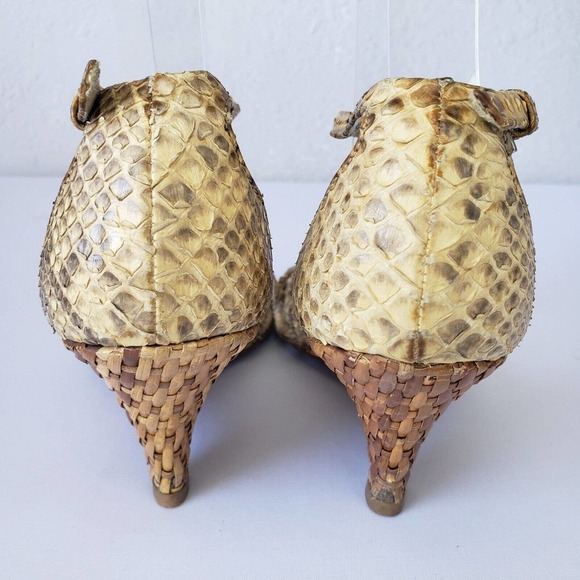 Prada Snake Leather Ankle Strap Woven Raffia Wedge Heel Sandals Size 36.5 Italy - Picture 6 of 16